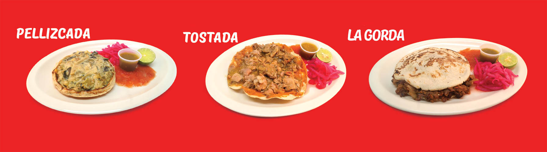 Pellizcada, tostada y La Gorda servidas en plato, con salsa, limón y cebolla morada